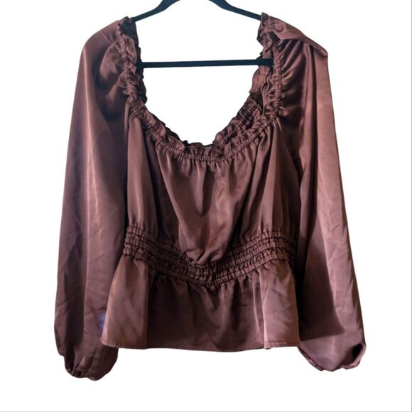 Eloquii Smocked Waist Peplum Puff Sleeve Peasant Brown Blouse Size 26 - Picture 1 of 7